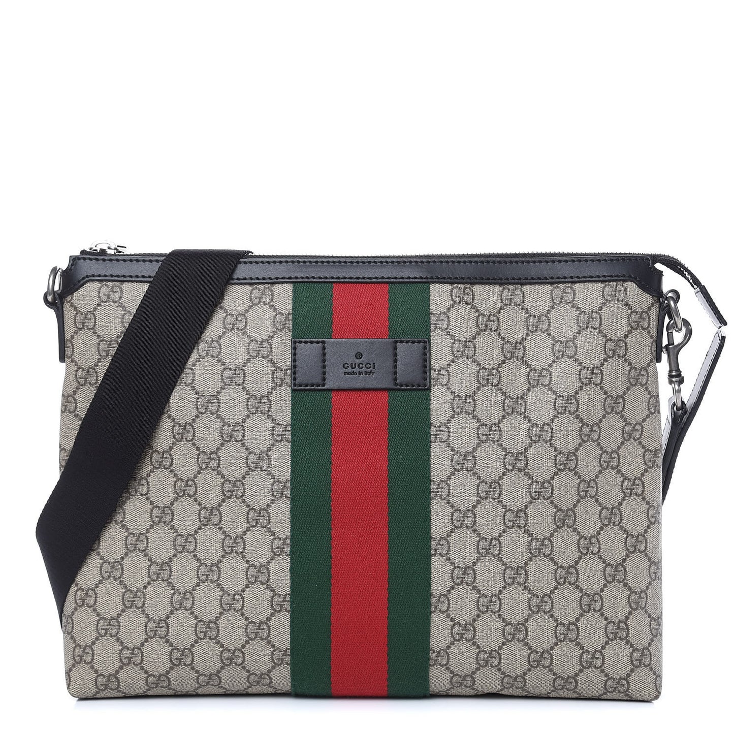 GG Supreme Monogram Calfskin Web Medium Flat Messenger Bag Beige Ebony Black