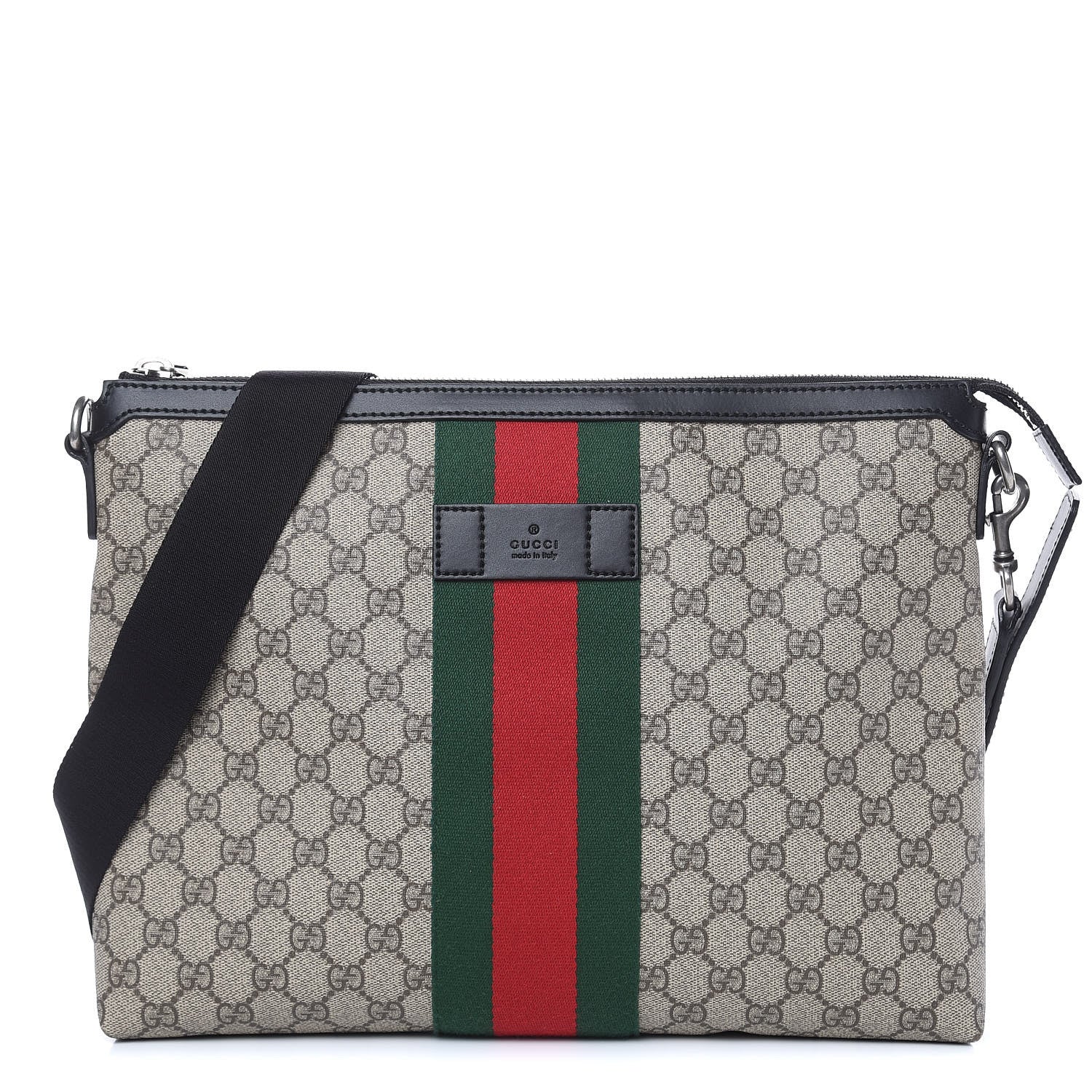 Gucci GG Supreme Monogram Calfskin Web Medium Flat Messenger Bag Beige Ebony Black 1 of 10