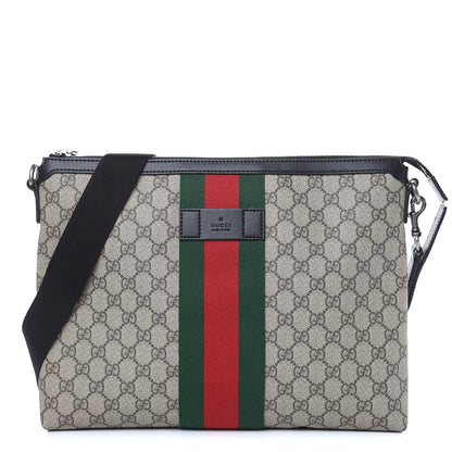 Gucci GG Supreme Monogram Calfskin Web Medium Flat Messenger Bag Beige Ebony Black 1 of 10
