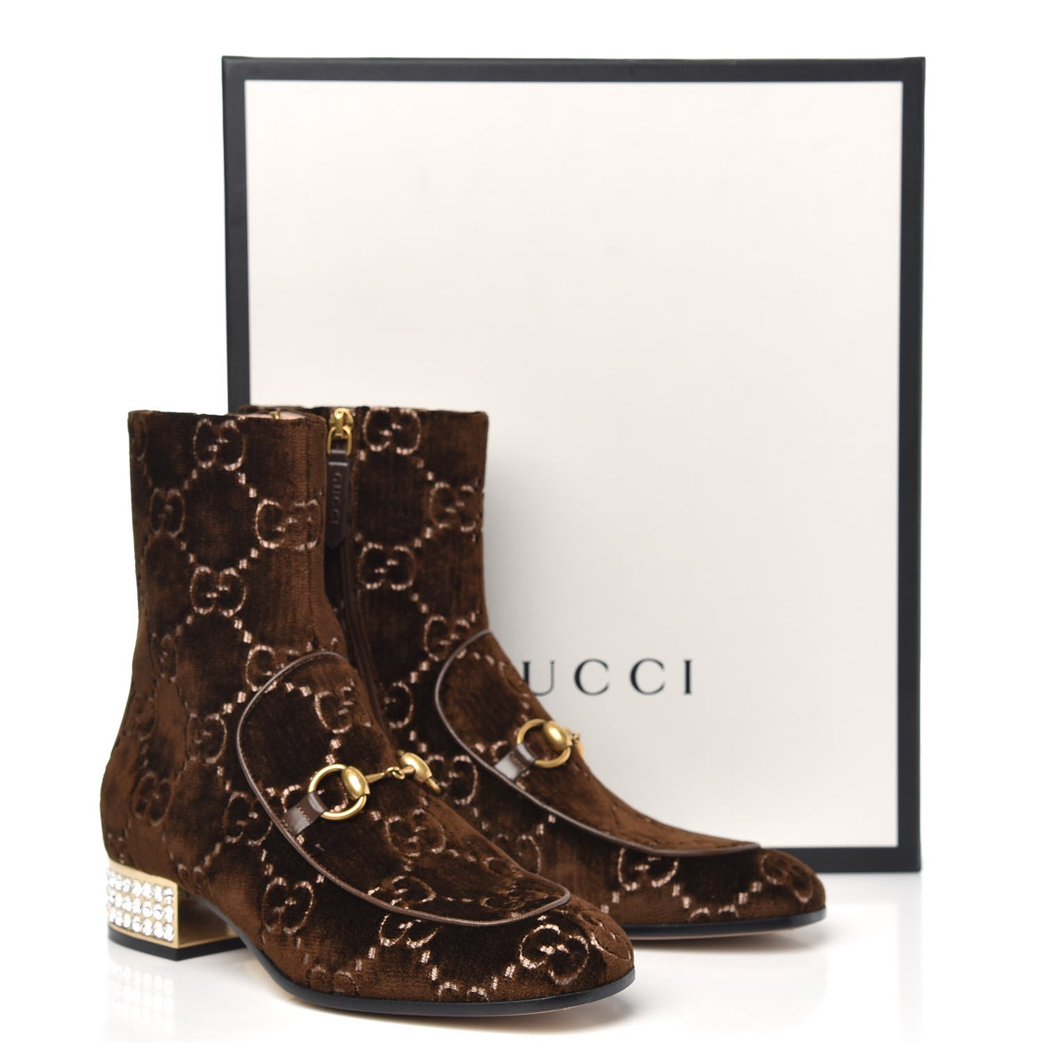 Gucci Velvet GG Monogram Crystal Horsebit Ankle Boots 37.5 Brown Vintage Cocoa 8 of 8
