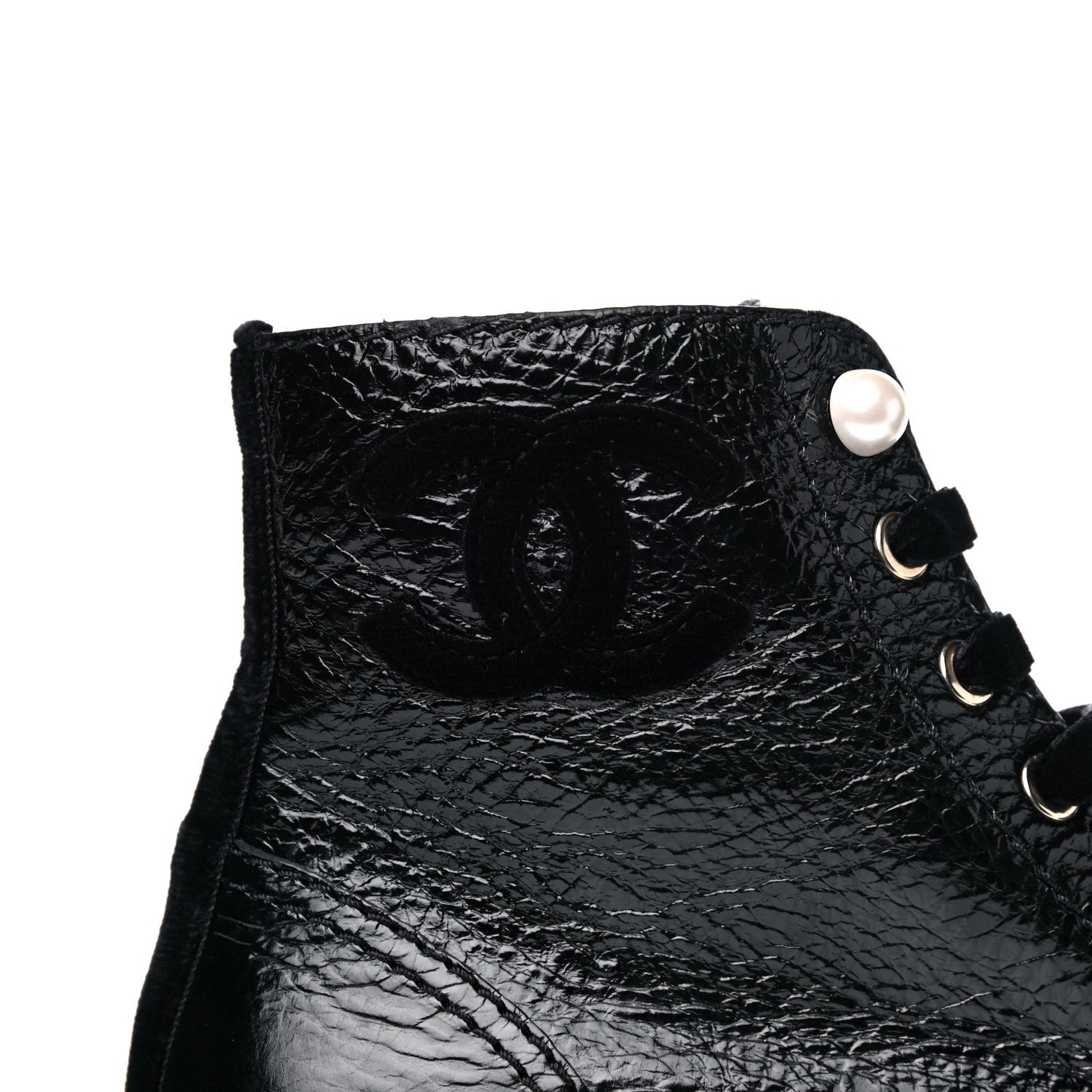 Chanel Calfskin Velvet Pearl Combat Short Boots 39 Black 8 of 9
