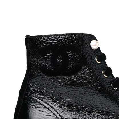 Chanel Calfskin Velvet Pearl Combat Short Boots 39 Black 8 of 9