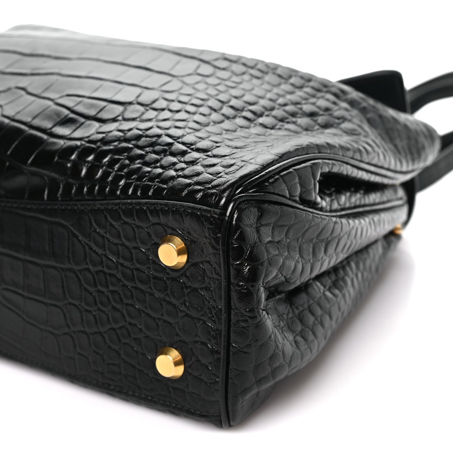 Shiny Calfskin Crocodile Embossed Medium Rodeo Top Handle Handbag Black