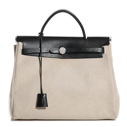 Hermes Vache Calfskin Toile Herbag 30 PM Noir Natural 1 of 14