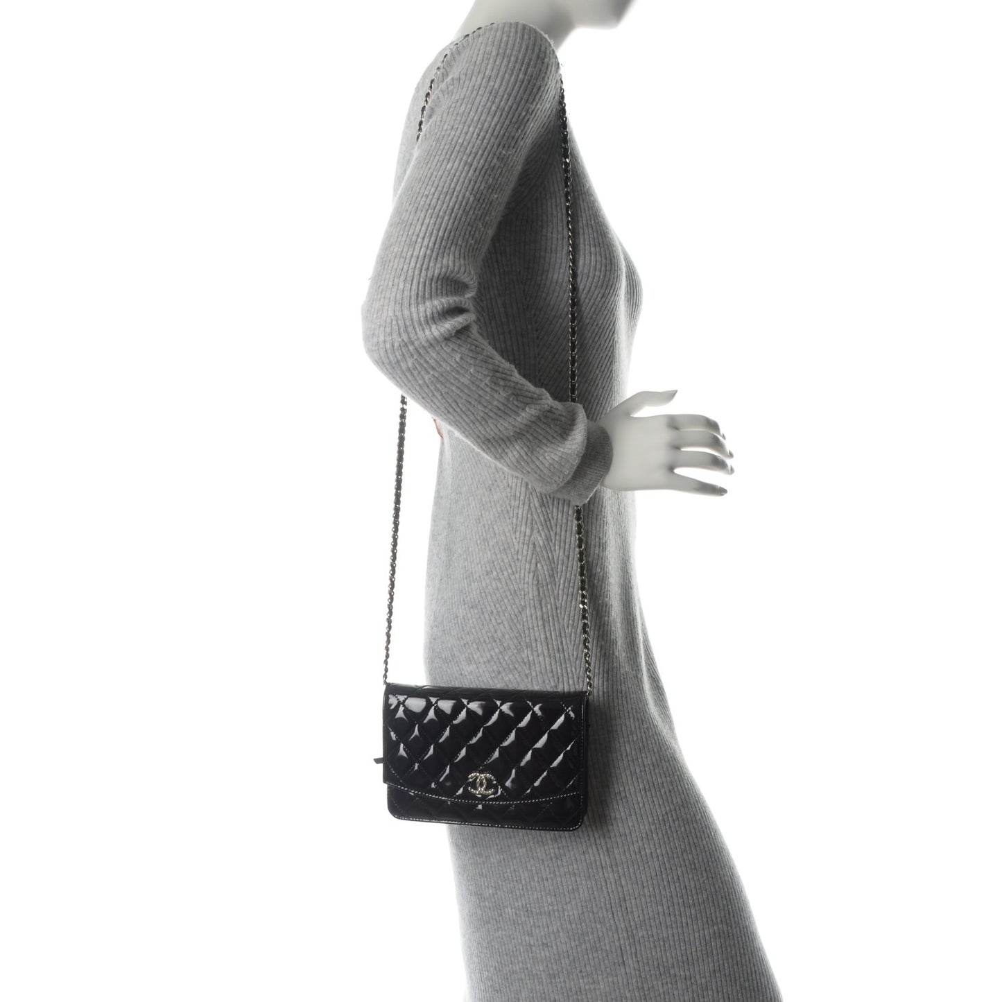 Patent Quilted Brilliant Wallet On Chain WOC Black