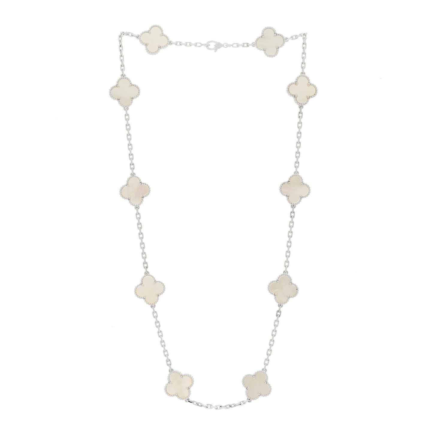 18K White Gold Mother of Pearl 10 Motifs Vintage Alhambra Necklace