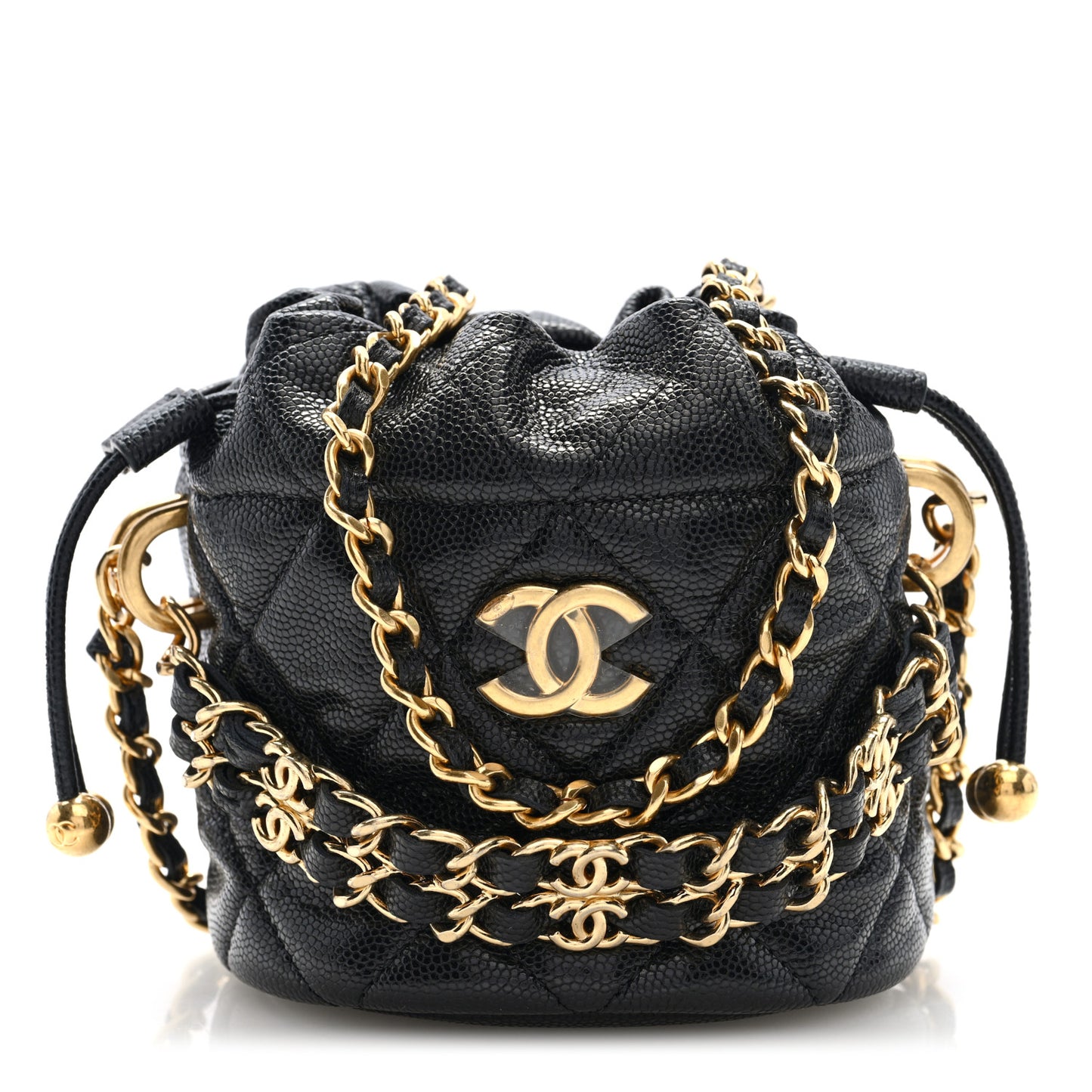 Caviar Quilted Coco First Bucket Clutch With Chain Black