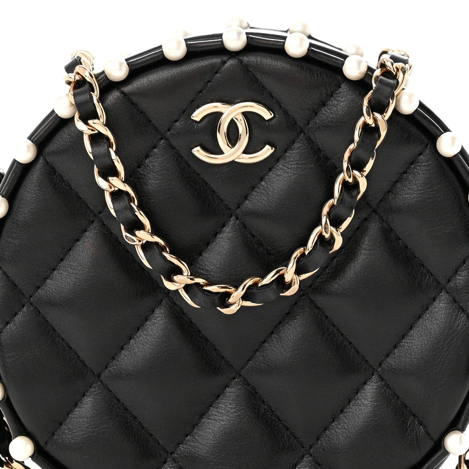 Chanel Calfskin Quilted Pearl Round Clutch With Chain Black 8 of 10