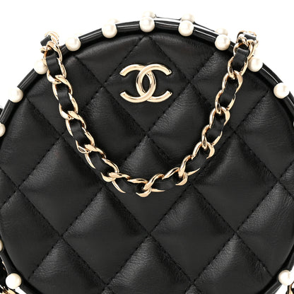 Chanel Calfskin Quilted Pearl Round Clutch With Chain Black 8 of 10