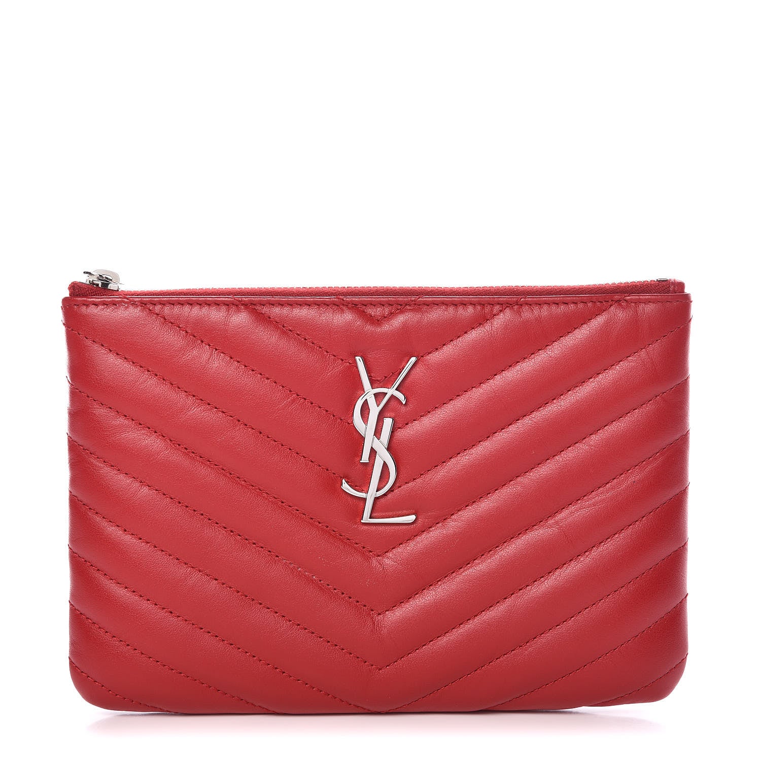 Saint Laurent Calfskin Matelasse Chevron Monogram Pouch Red 1 of 12