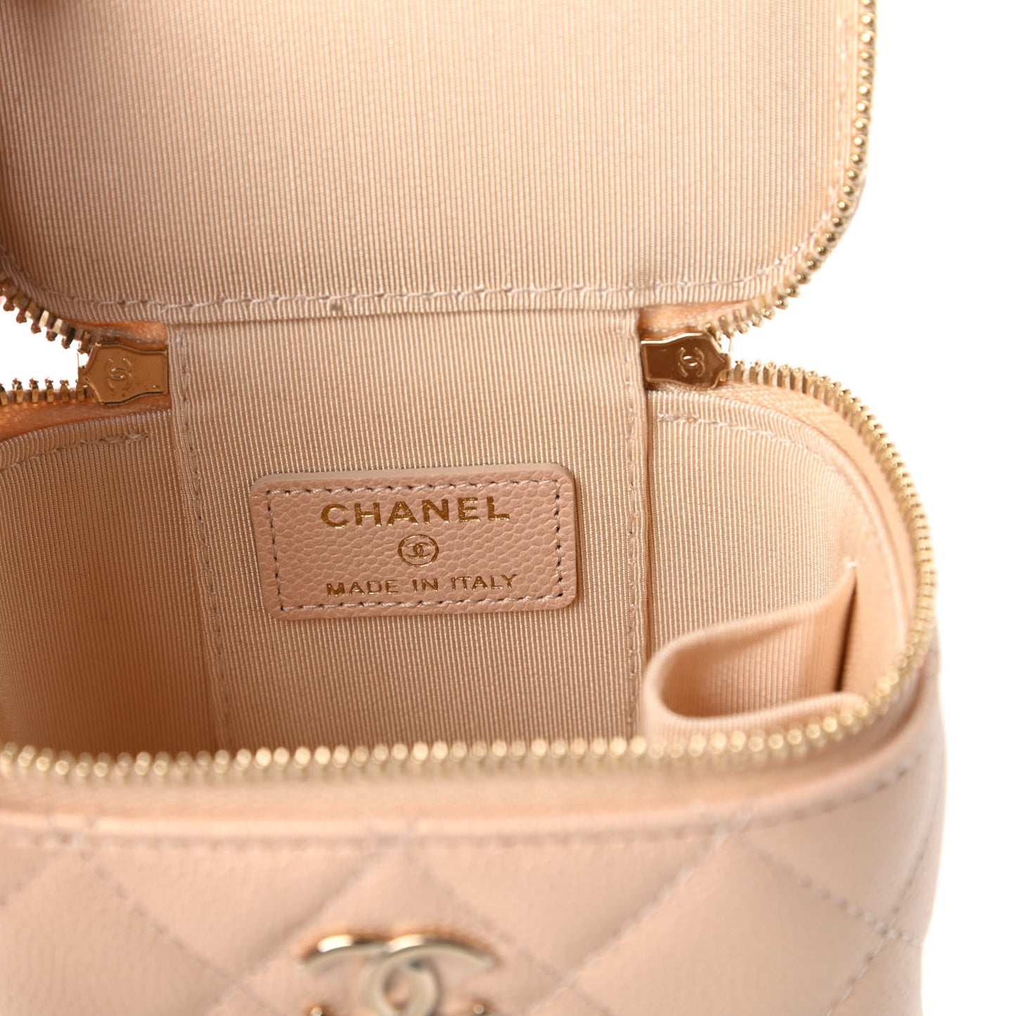 Iridescent Caviar Quilted Mini Pearl On Top Vanity Case With Chain Beige