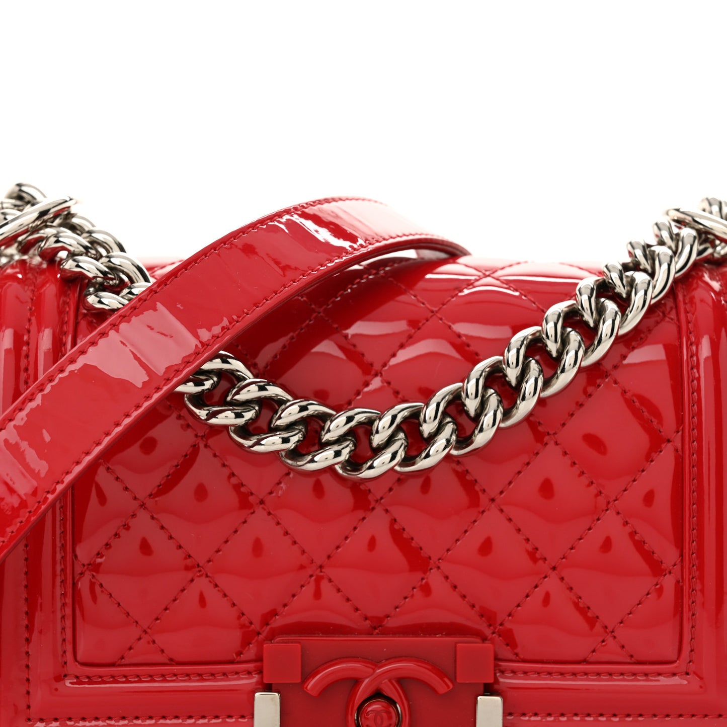Patent Calfskin Quilted Small Plexiglass Boy Flap Red