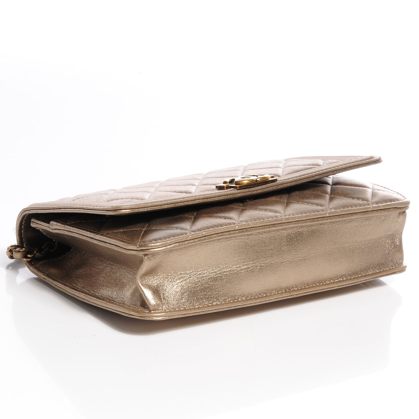 Metallic Lambskin Quilted Boy Wallet On Chain WOC Gold