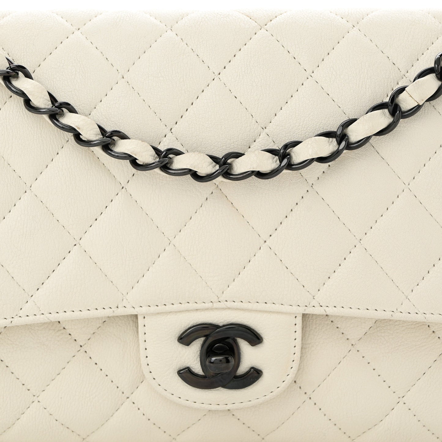 Crumpled Calfskin Quilted Medium Double Flap White