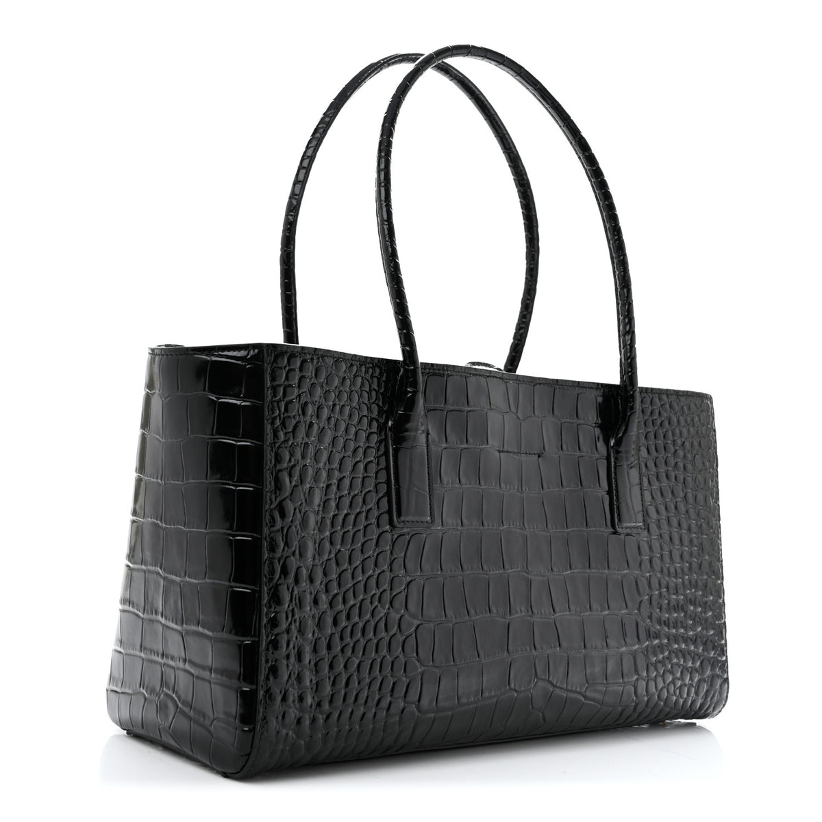 Calfskin Crocodile Embossed Archetype Small Shopping Tote Black