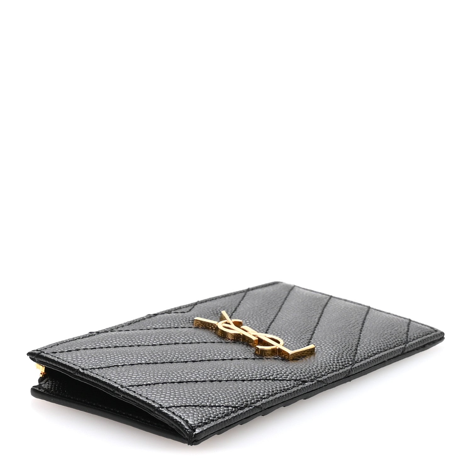 Saint Laurent Grain De Poudre Matelasse Chevron Monogram Fragments Zippered Card Case Black 4 of 8