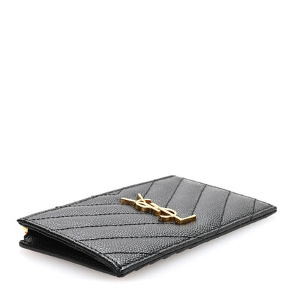 Saint Laurent Grain De Poudre Matelasse Chevron Monogram Fragments Zippered Card Case Black 4 of 8