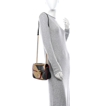 Gucci Vintage Effect Calfskin Matelasse Diagonal Striped Small Torchon GG Marmont Shoulder Bag Black Beige 2 of 10