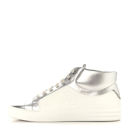 Chanel Iridescent Goatskin Womens High Top Sneakers 40.5 White Silver 1 of 10