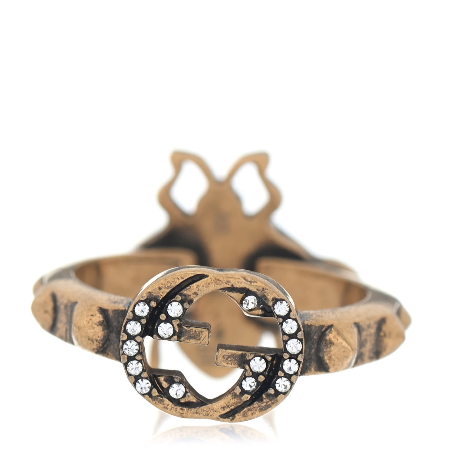 Gucci Metal Crystal Pearl Bee Ring S Aged Gold 2 of 3
