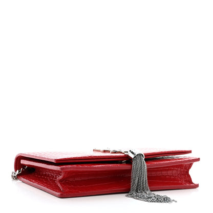 Saint Laurent Calfskin Crocodile Embossed Kate Monogram Tassel Chain Wallet Red 4 of 11