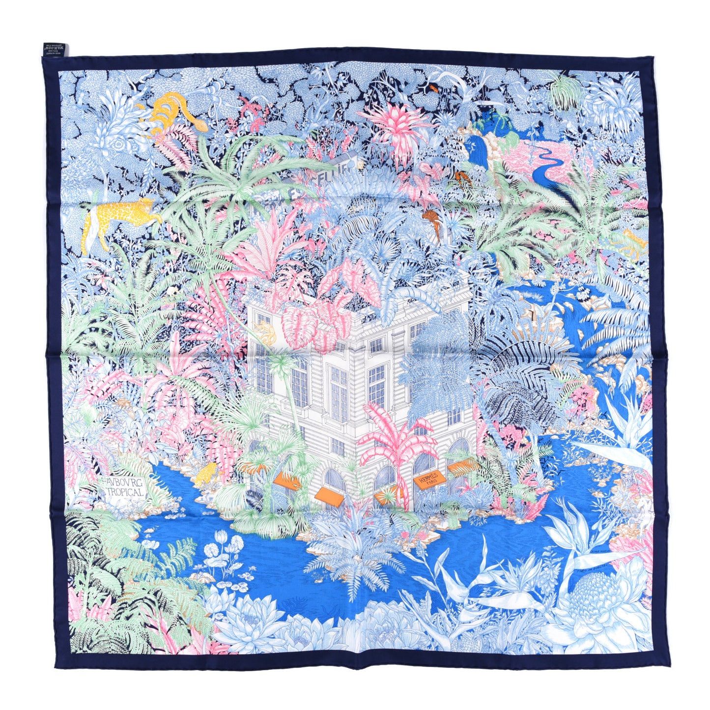 Silk Faubourg Tropical Scarf 90 Bleu Jean Vert Jaune Sofre