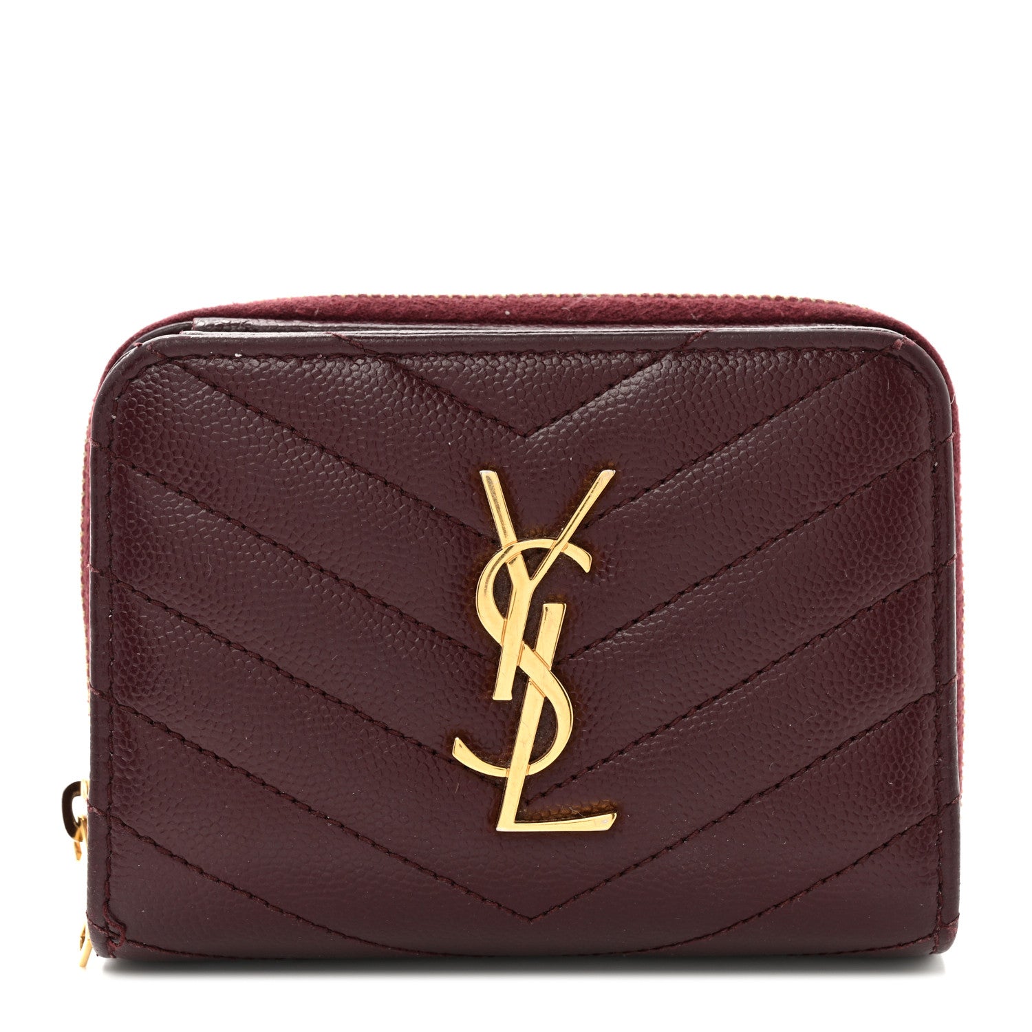Saint Laurent Grain De Poudre Matelasse Chevron Monogram Compact Zip Around Wallet Bordeaux 1 of 10