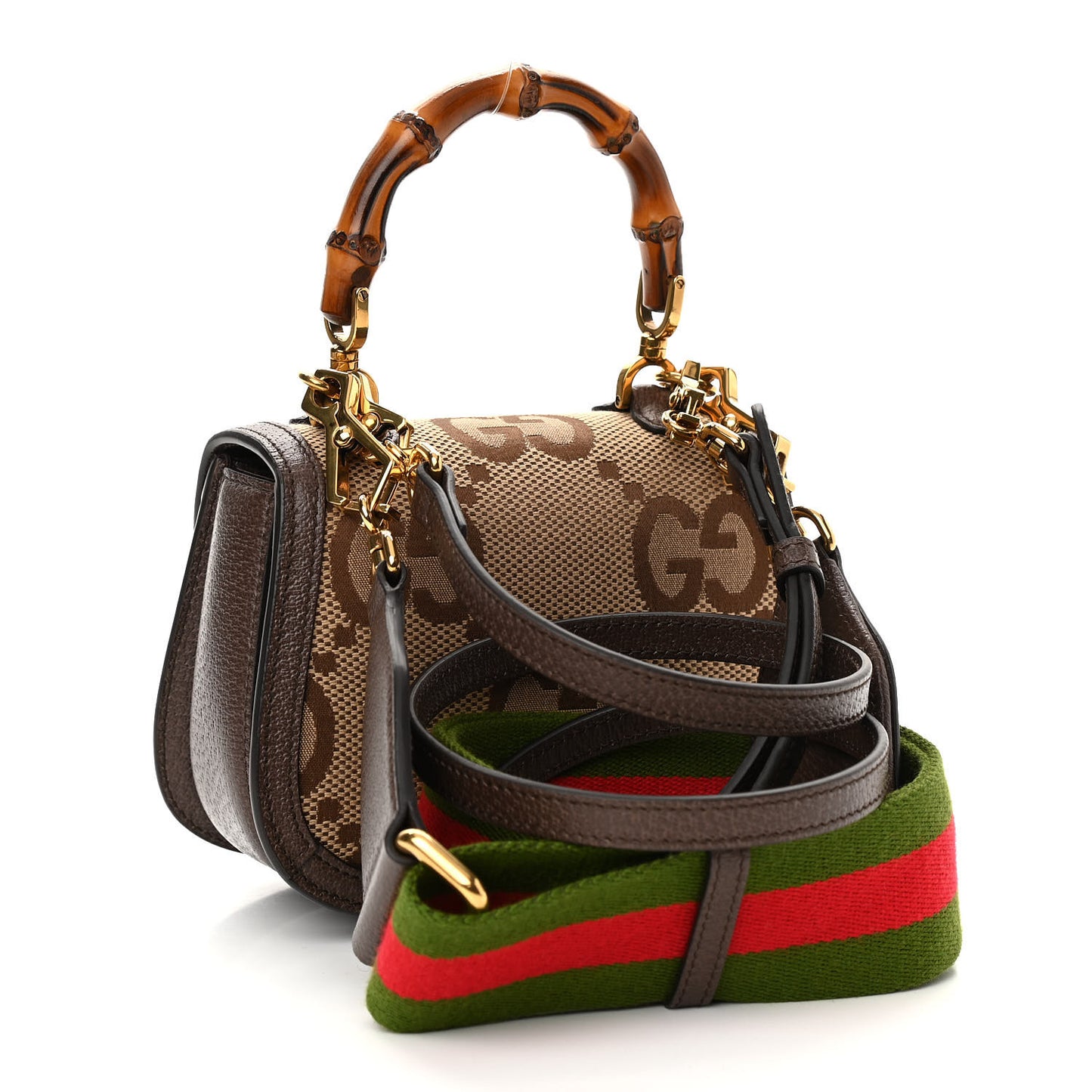 Monogram Jumbo GG Textured Dollar Calfskin Web Mini Bamboo 1947 Top Handle Bag Camel Ebony New Acero