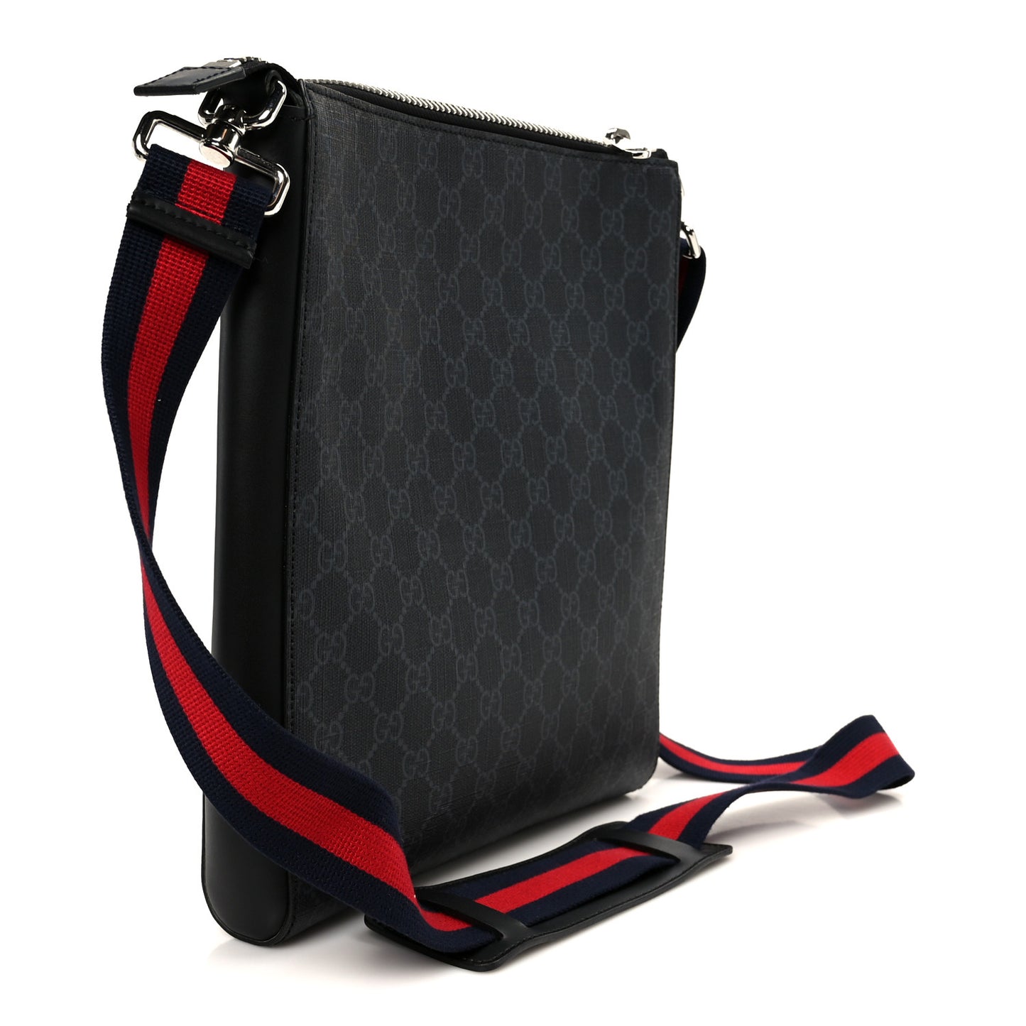 GG Supreme Monogram Appia Calfskin Web Flat Messenger Bag Black Grey