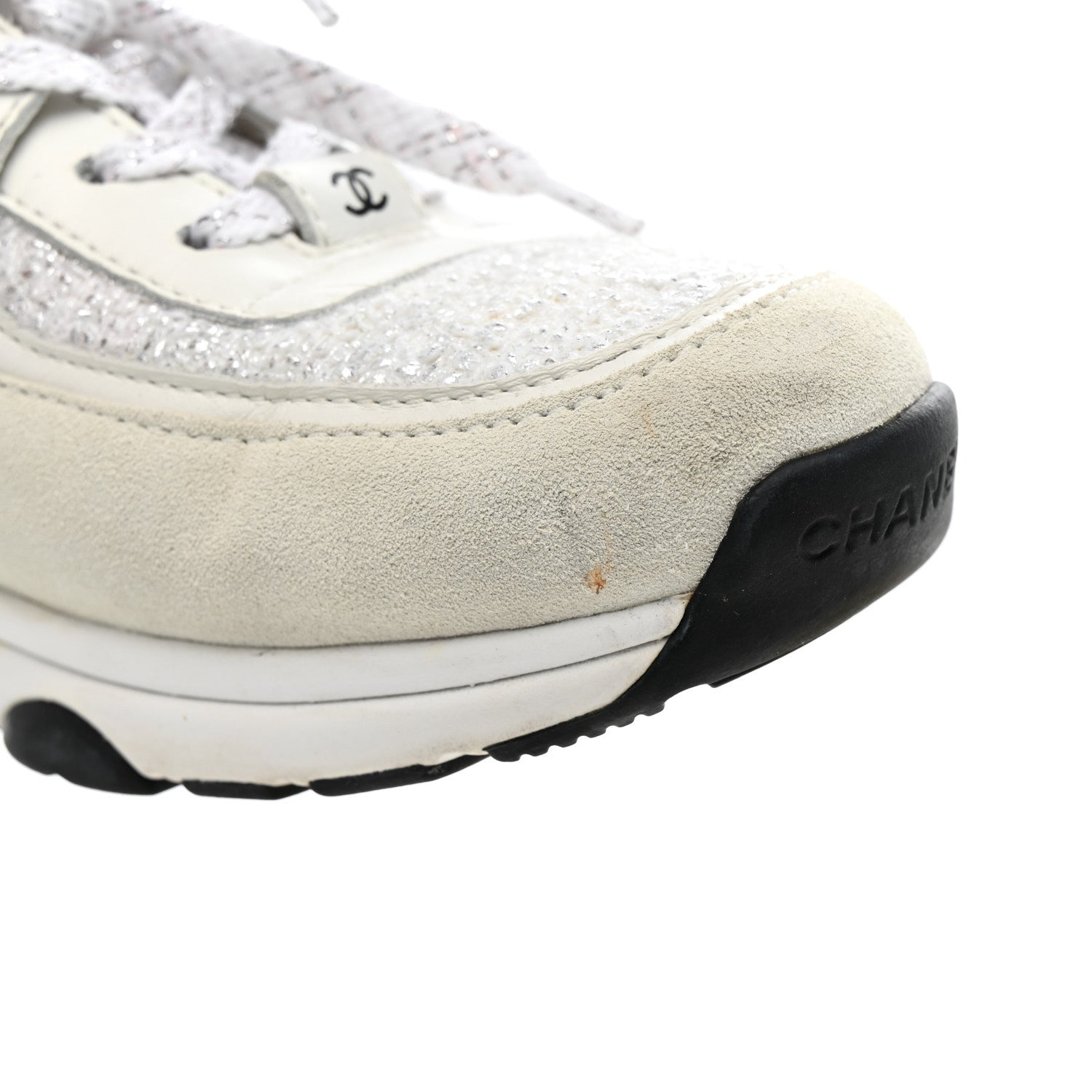 Chanel Painted Iridescent Cotton Tweed Suede Womens CC Sneakers 39 White Silver Multicolor 10 of 16