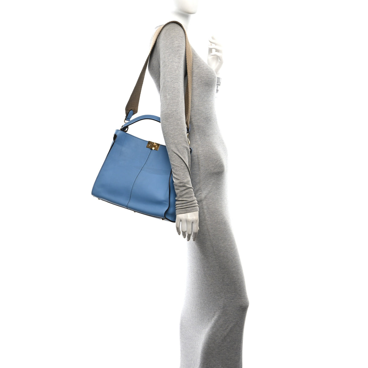 Fendi Vitello Seta Nabuk Pequin Medium Peekaboo X-Lite Blue Brown 2 of 10