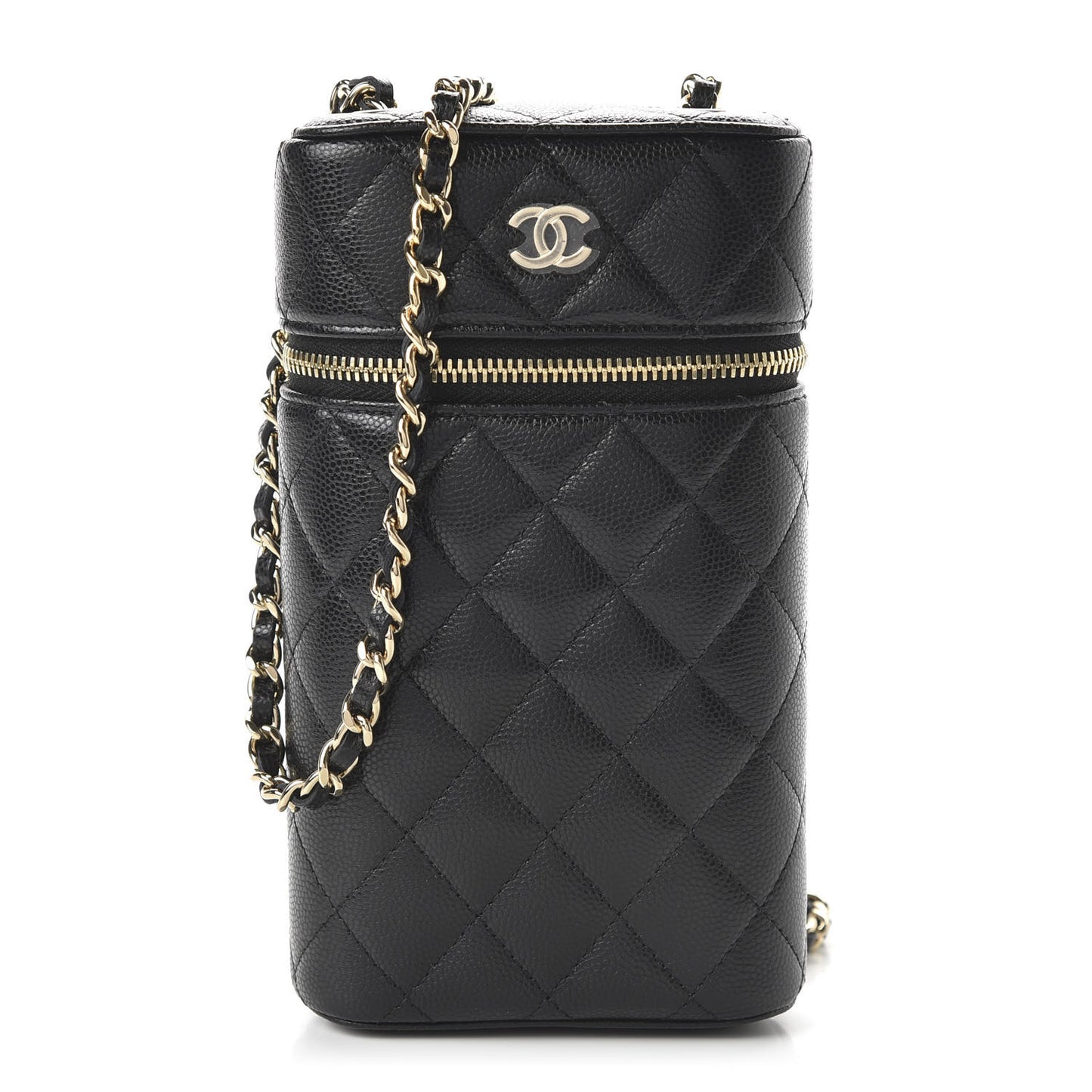 Caviar Quilted Phone Holder With Chain Black