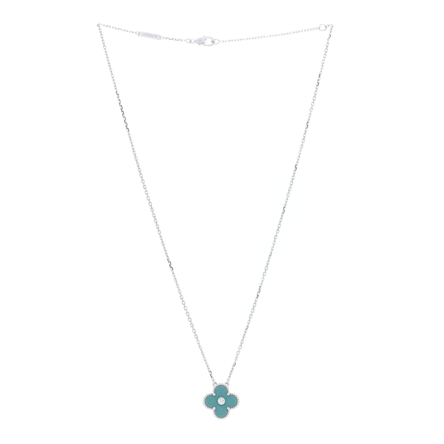 18K White Gold Diamond Celadon Green Sevres Porcelain Vintage Alhambra Pendant Necklace