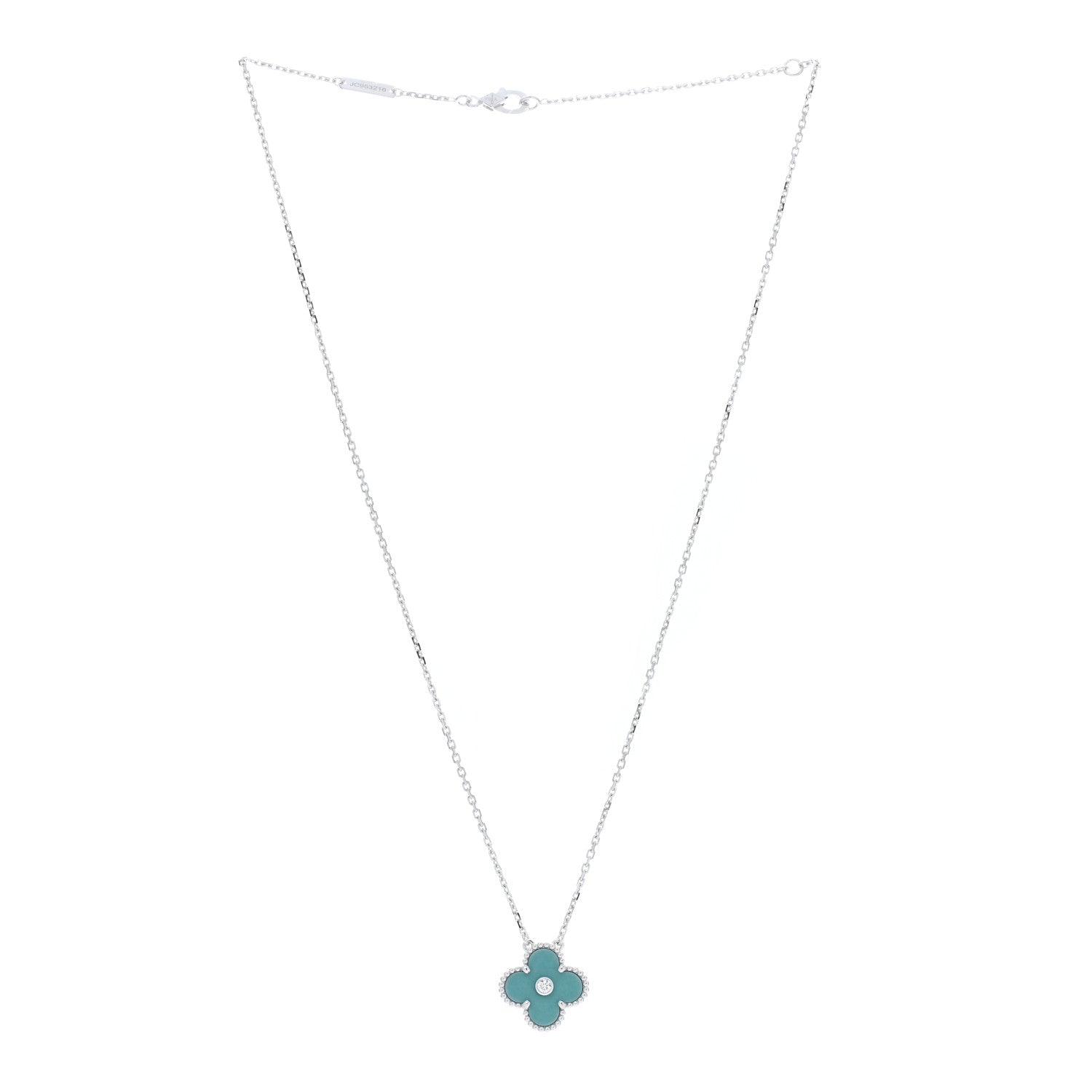 Van Cleef & Arpels 18K White Gold Diamond Celadon Green Sevres Porcelain Vintage Alhambra Pendant Necklace 2 of 5