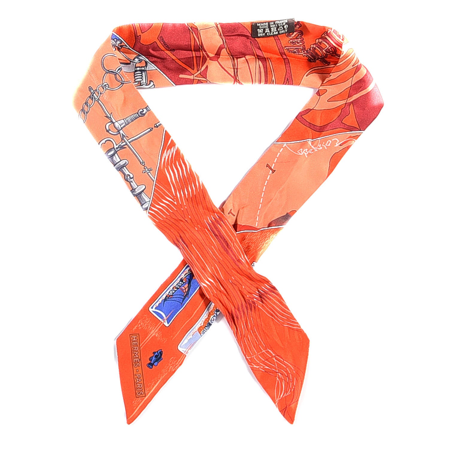 Hermes Silk Caleche Mors Et Bouteilles Twilly Vermilion Corail Bleu 1 of 4