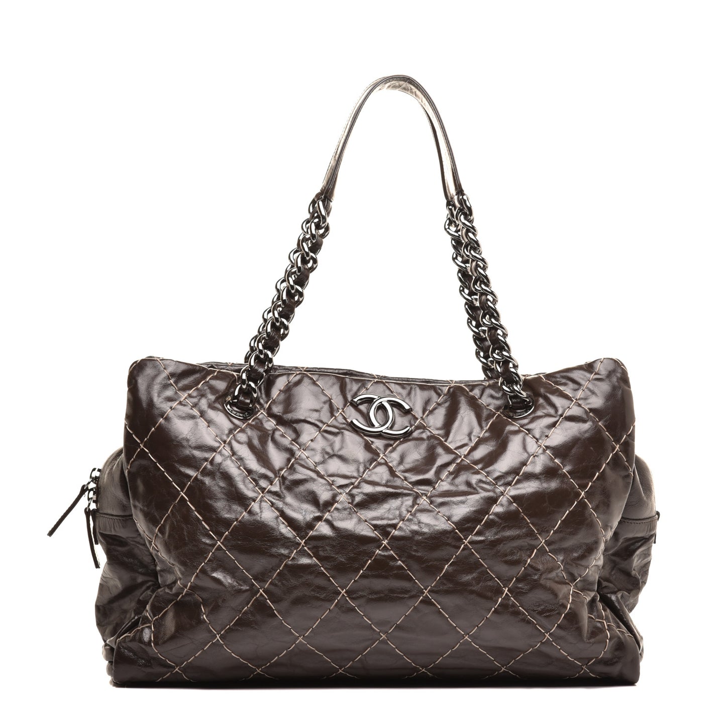 Glazed Goatskin Double Contrast Stitch Large Tote Brown