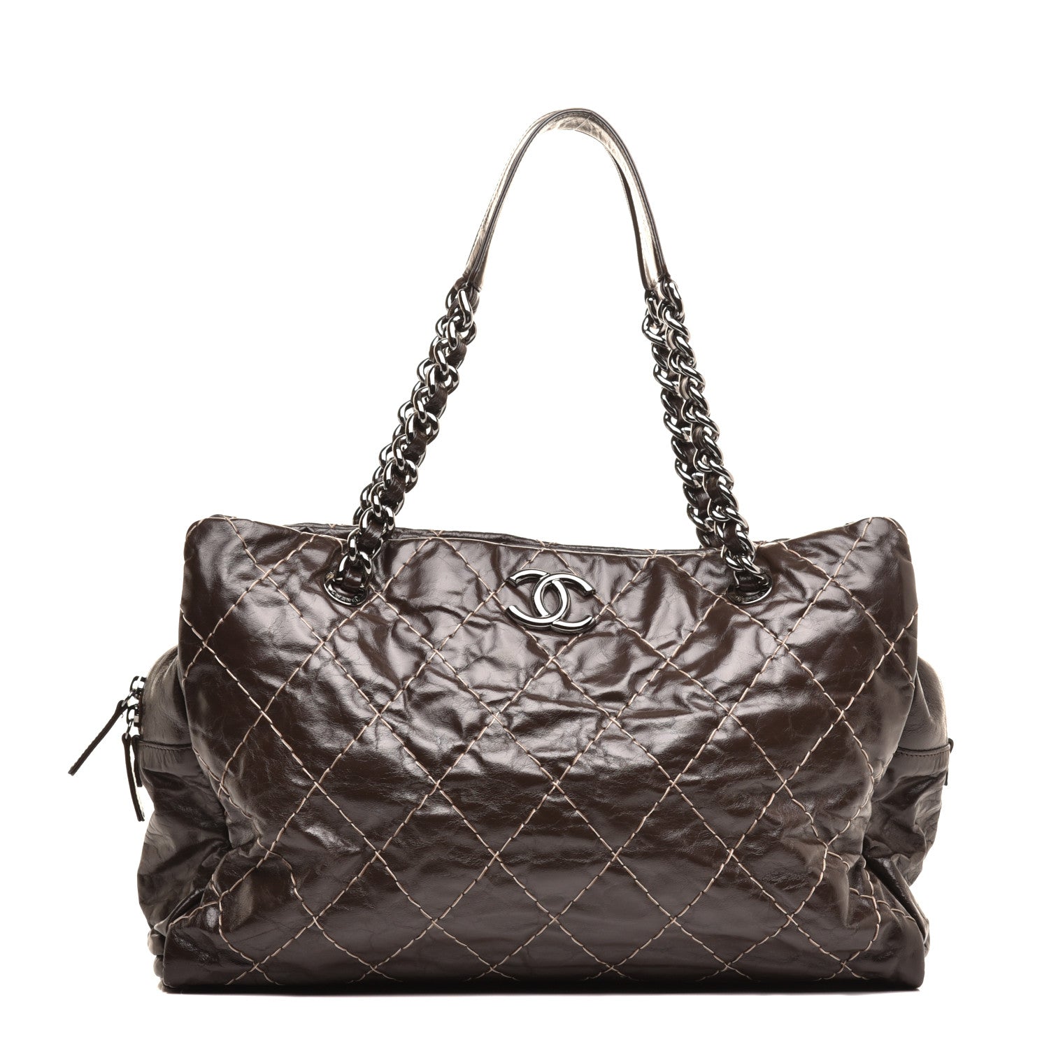 Chanel Glazed Goatskin Double Contrast Stitch Large Tote Brown 1 of 10