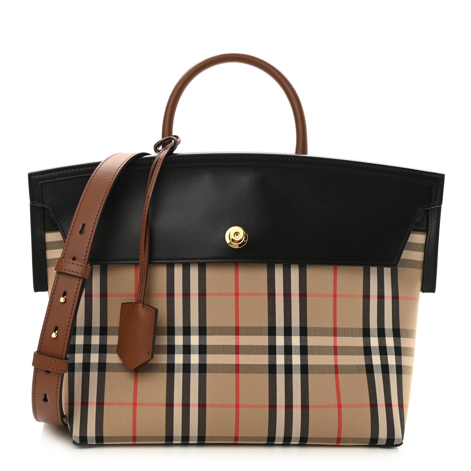 Burberry Calfskin Vintage Check Small Society Top Handle Bag Archive Beige Black 1 of 11