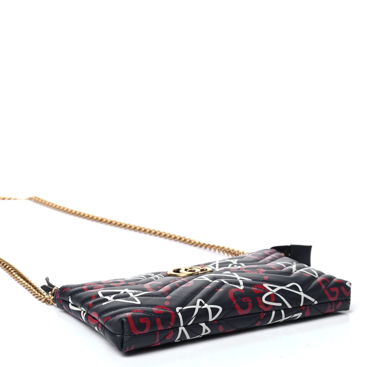 Calfskin Matelasse GucciGhost Mini GG Marmont Chain Bag Blue Agata Hibiscus Red