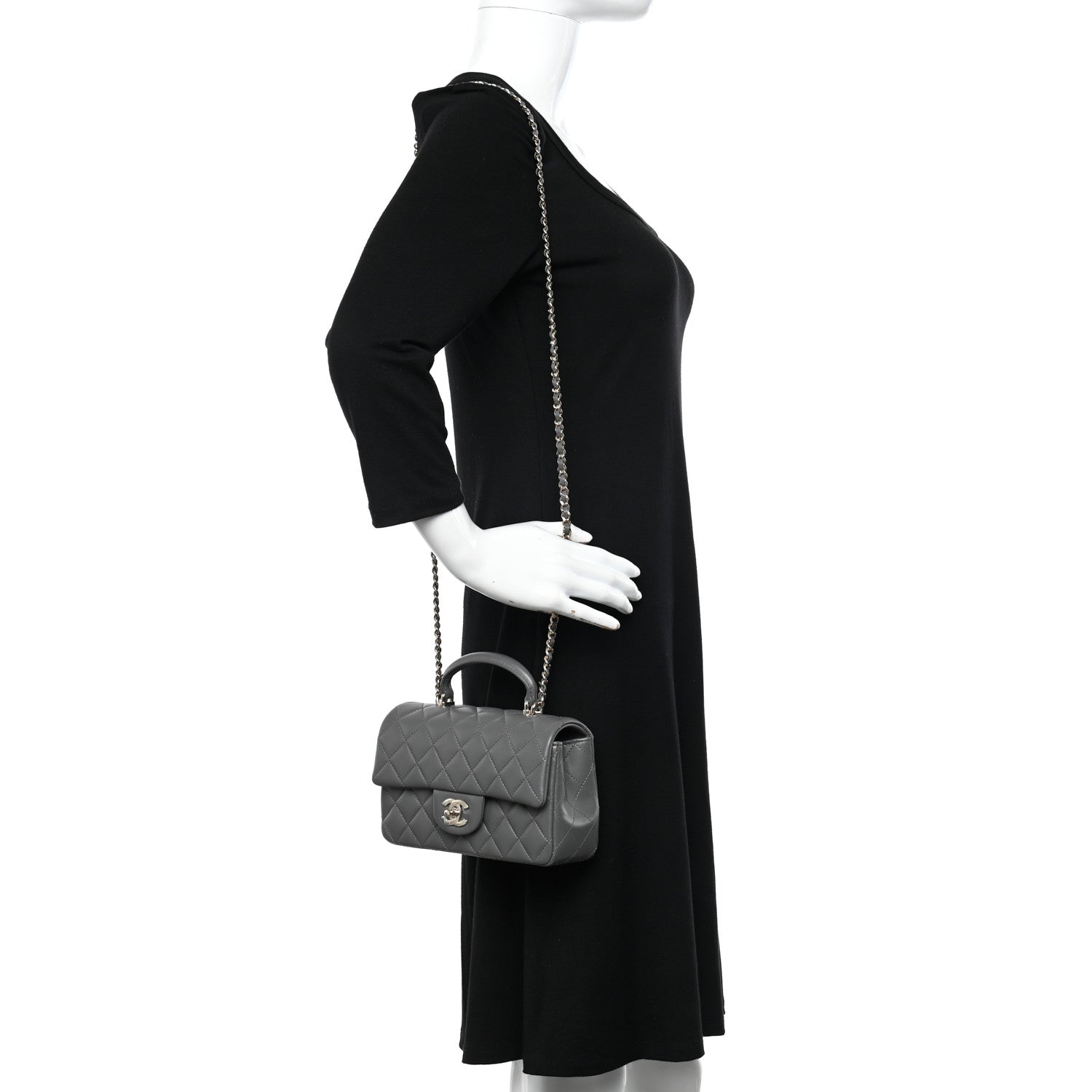 Chanel Lambskin Quilted Mini Top Handle Rectangular Flap Dark Grey 2 of 11