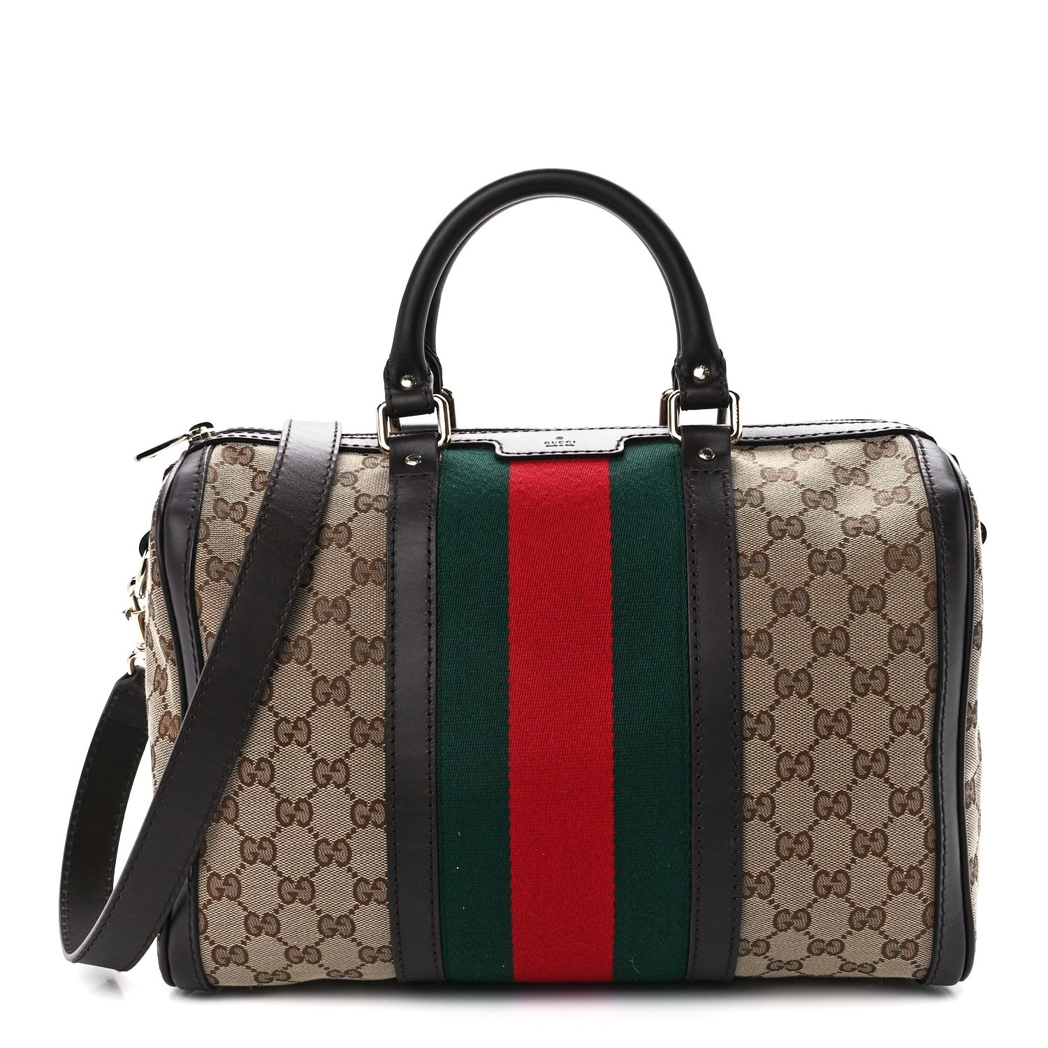Gucci Monogram Selleria Calfskin Vintage Web Medium Boston Beige Ebony Cocoa 1 of 13
