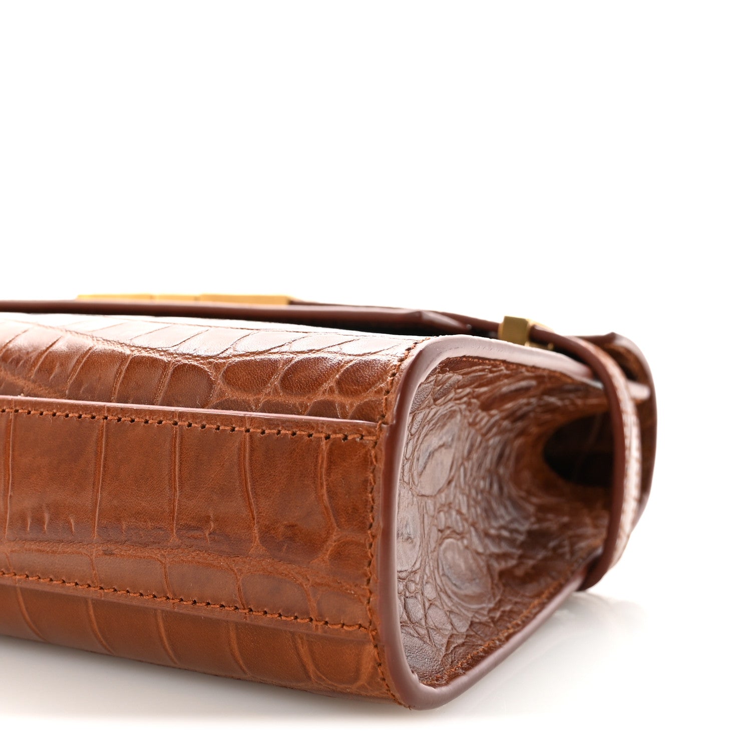 Saint Laurent Shiny Calfskin Crocodile Embossed Small Manhattan Baguette Dark Caramel 9 of 10