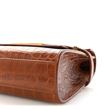 Saint Laurent Shiny Calfskin Crocodile Embossed Small Manhattan Baguette Dark Caramel 9 of 10