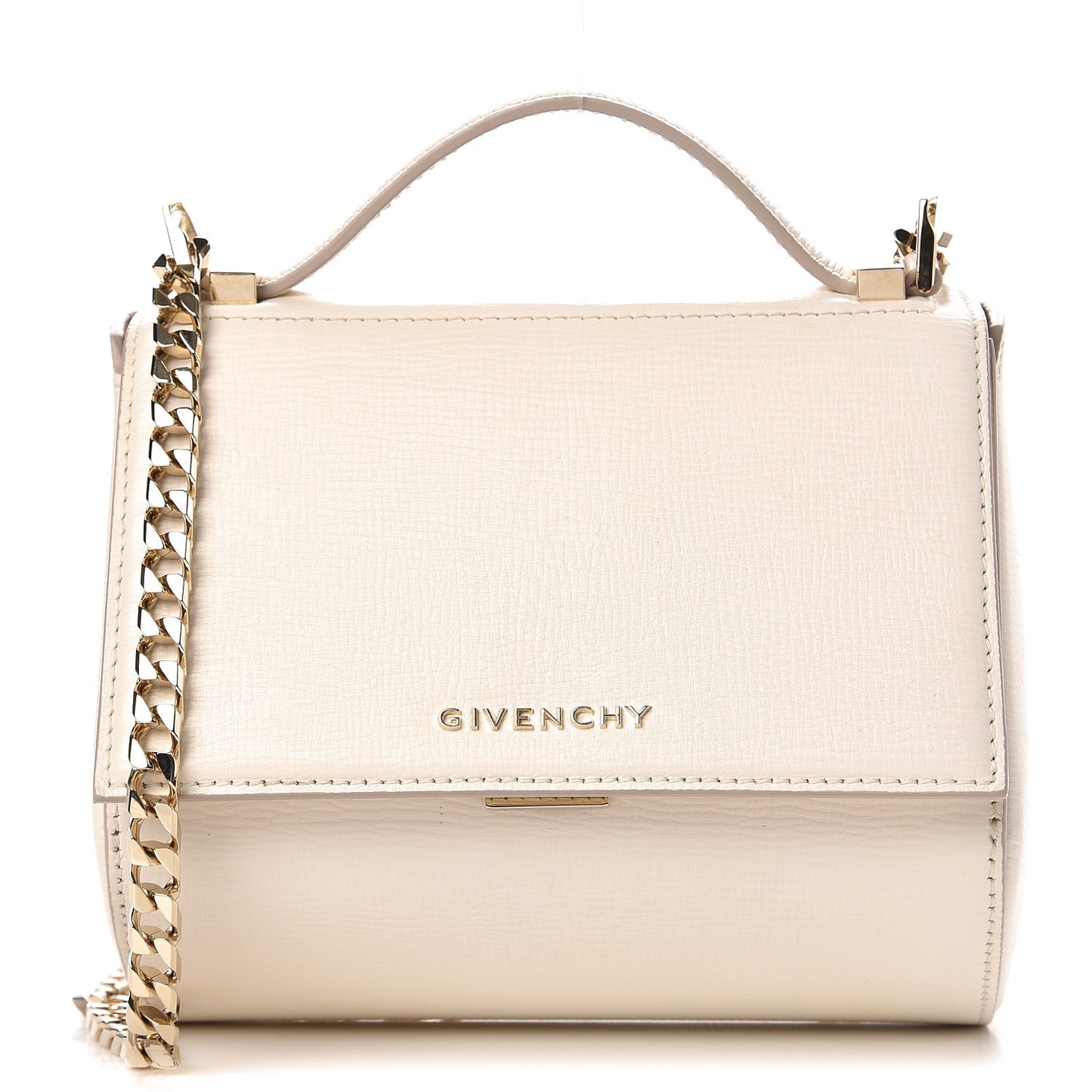 Textured Calfskin Mini Pandora Box Chain Crossbody Bag Beige