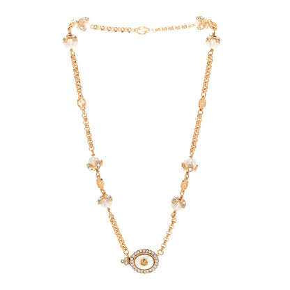 Gucci Pearl Crystal Embellished Interlocking G Necklace Pink Aged Gold 3 of 7