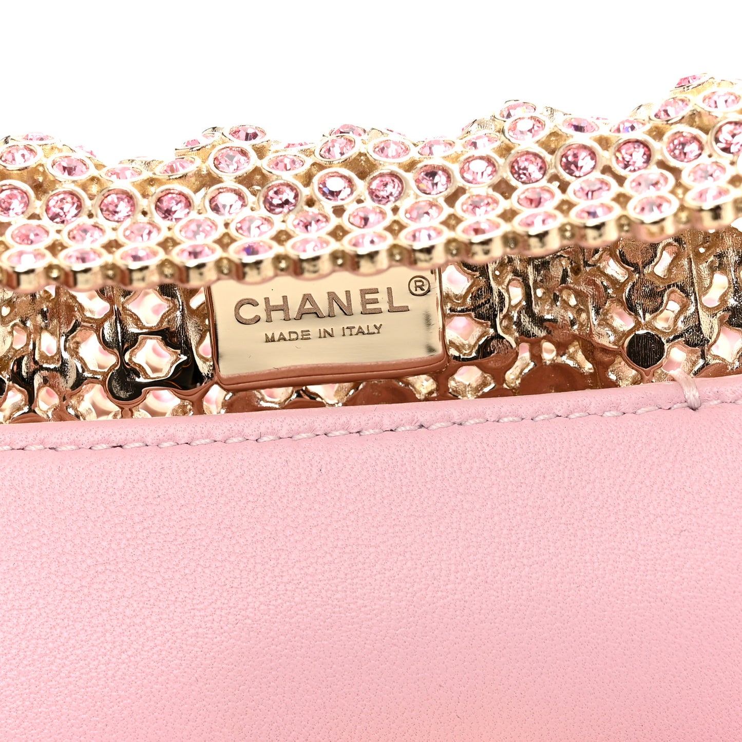 Crystal Embellished Metallic Lambskin Mini Chanel 22 Light Pink