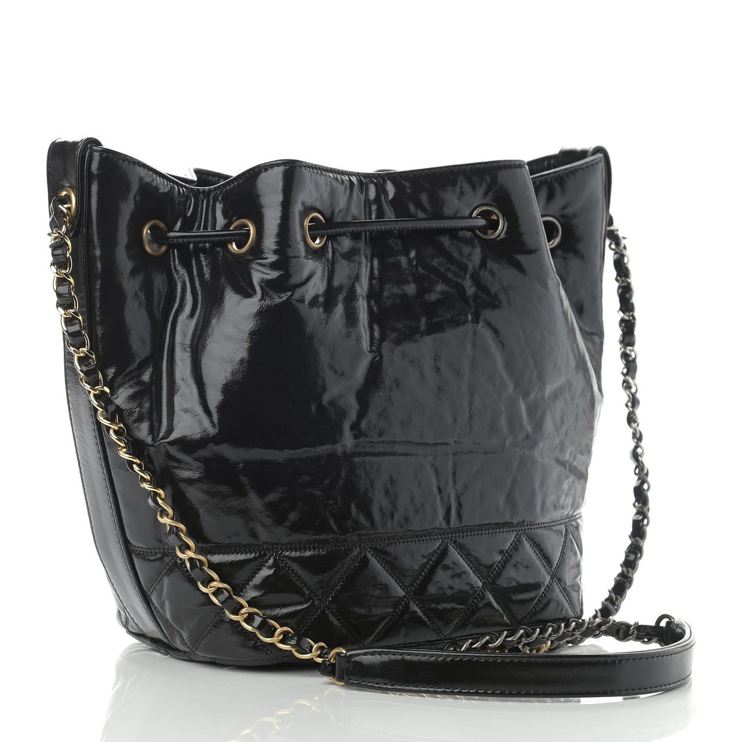 Shiny Aged Calfskin CC Chain Drawstring Bag Black