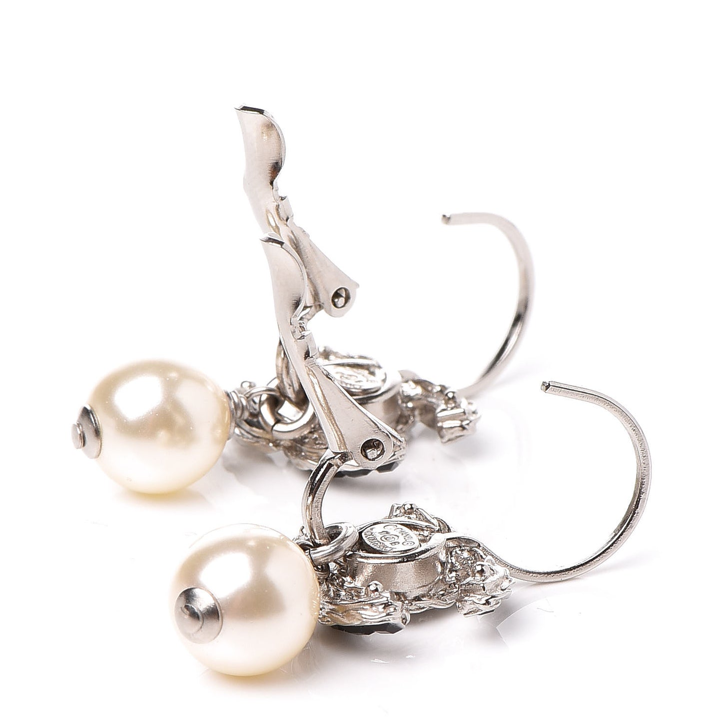 Baguette Crystal Pearl CC Drop Earrings Black Silver