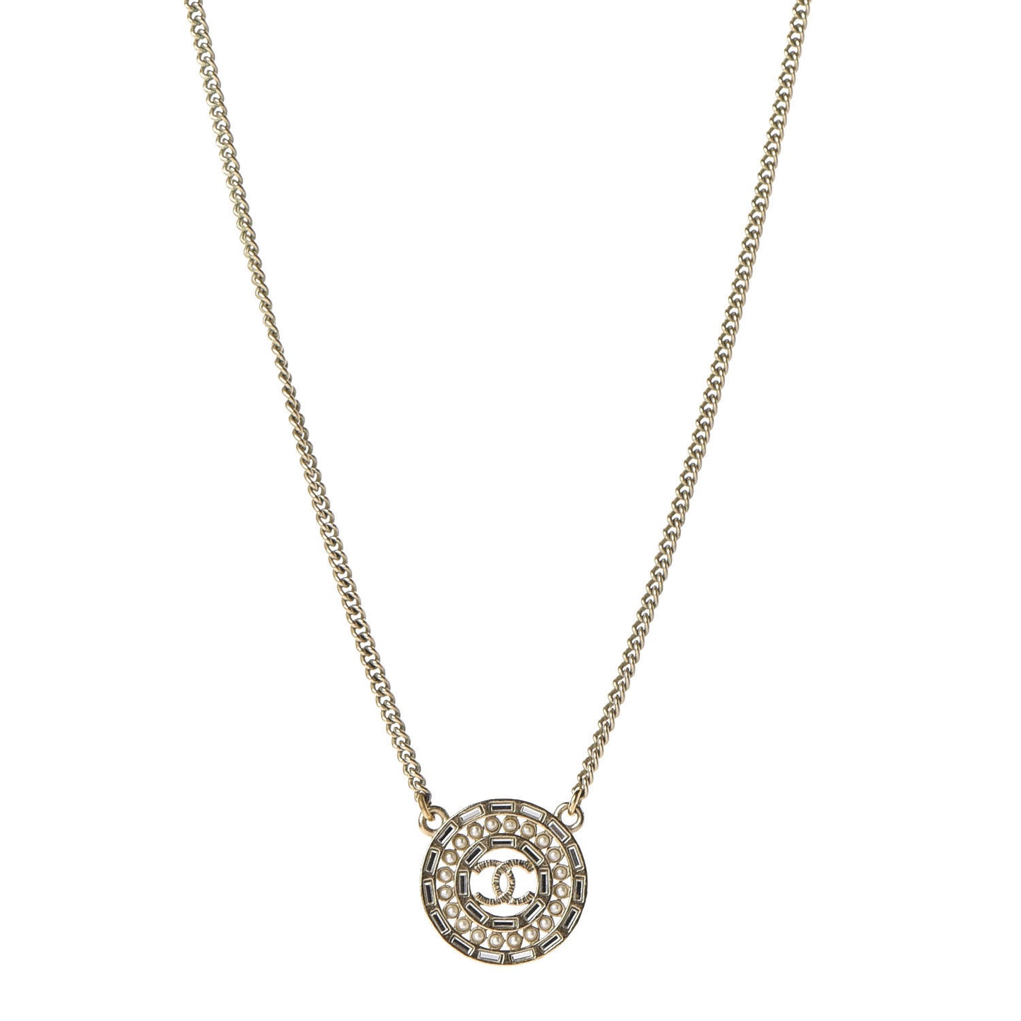 Pearl Baguette Crystal CC Medallion Necklace Gold