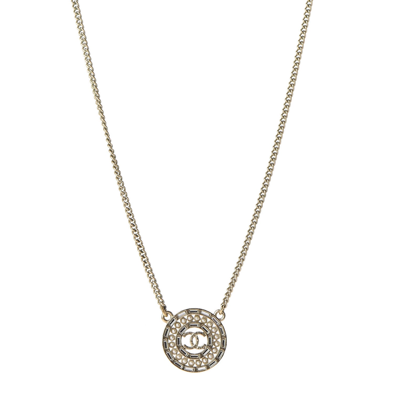 Chanel Pearl Baguette Crystal CC Medallion Necklace Gold 1 of 6
